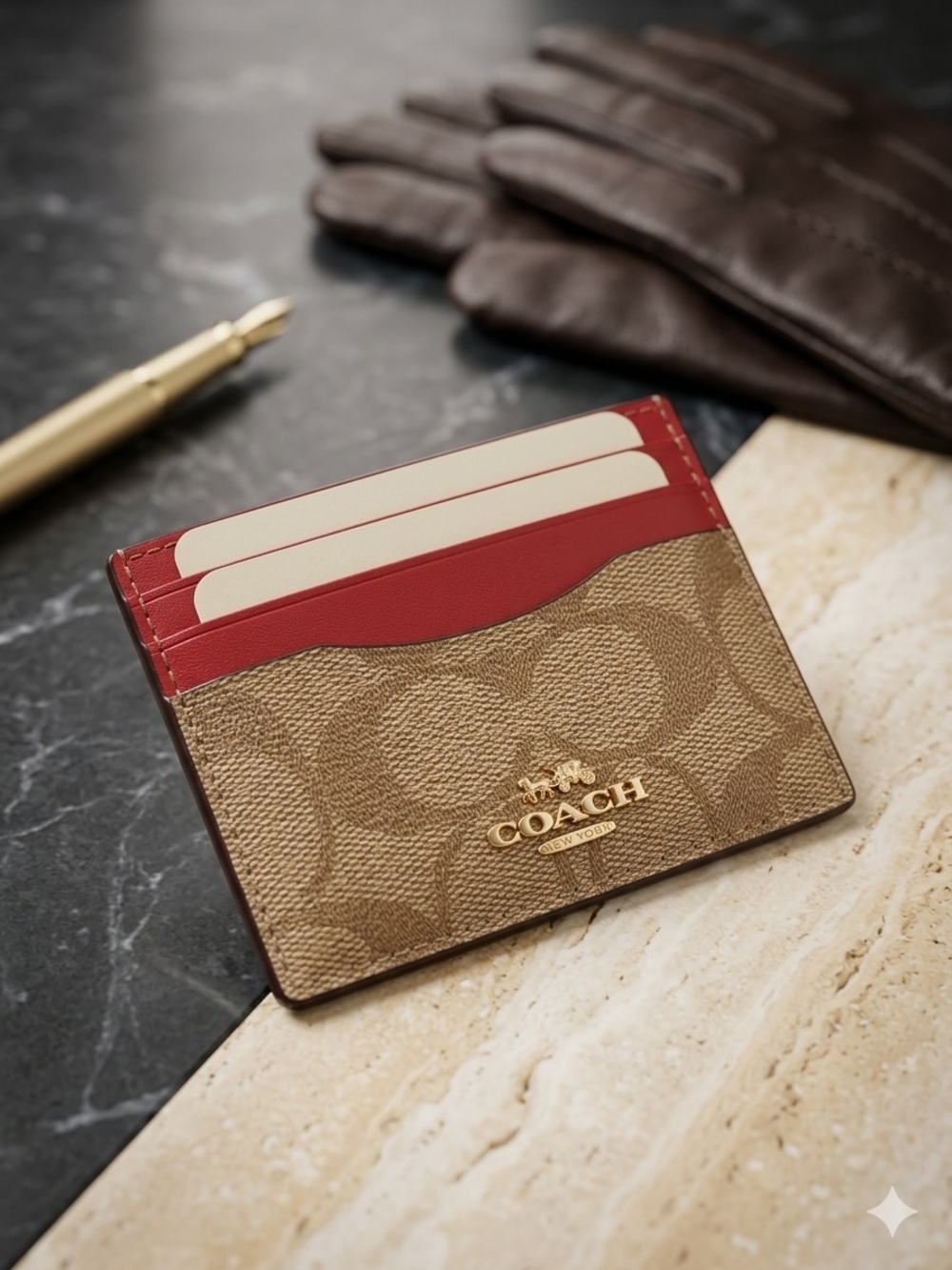 Coach Signature Canvas Card Holder in Brown and Red